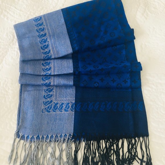 SALE Luxe Large LV Louis Vuitton Light and Dark Blue Wool Scarf Wrap Huge 28x75" - Picture 2 of 8